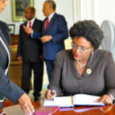 Mia Mottley's swearing in as leader of the Opposition at Government House with Arthur and Payne in February 2013