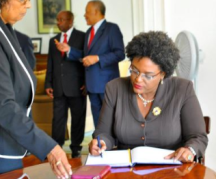 Mia Mottley's swearing in as leader of the Opposition at Government House with Arthur and Payne in February 2013